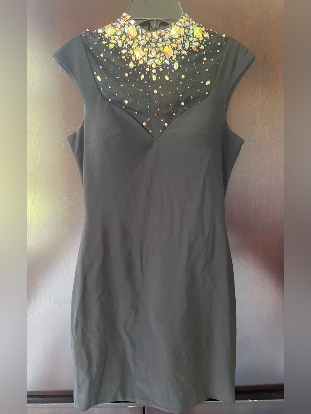 Mac Duggal Black Sleeveless Mini Dress with Jeweled Illusion Yoke